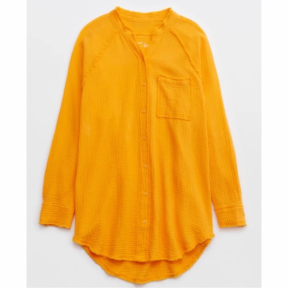 aerie Women’s Pool-To-Party Gauze Button Down Shirt Tunic Oversized in Orange S